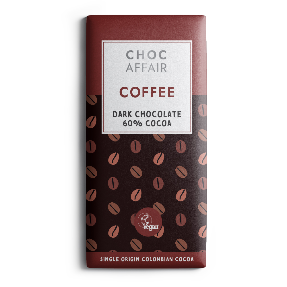 signature-coffee-dark-chocolate-bar-90g Choc Affair Coffee dark chocolate bar, 90g, vegan, Vegan Society registered, crafted in York with sustainably sourced cocoa, palm oil free
