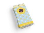 A stack of lemon & sea salt chocolate bars on a white background