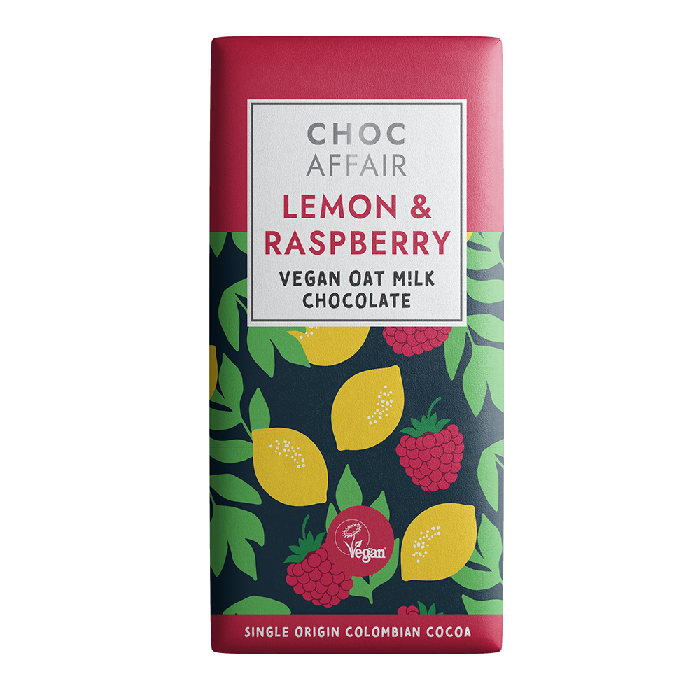 Oat_Lemon and Raspberry Lemon & raspberry oat m!lk chocolate bar on white background - Choc Affair