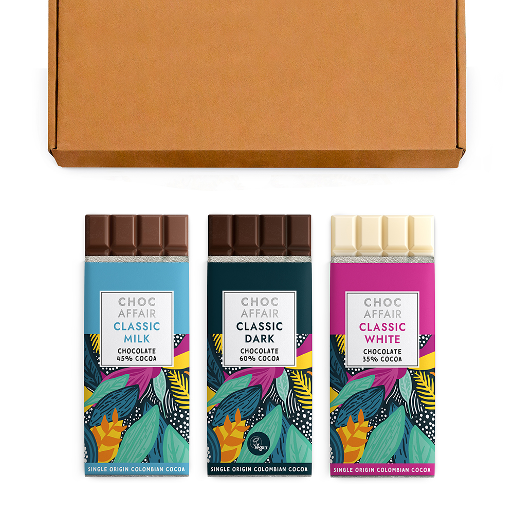 Letterbox friendly box of Classic milk chocolate, dark chocolate and white chocolate bars by Choc Affair