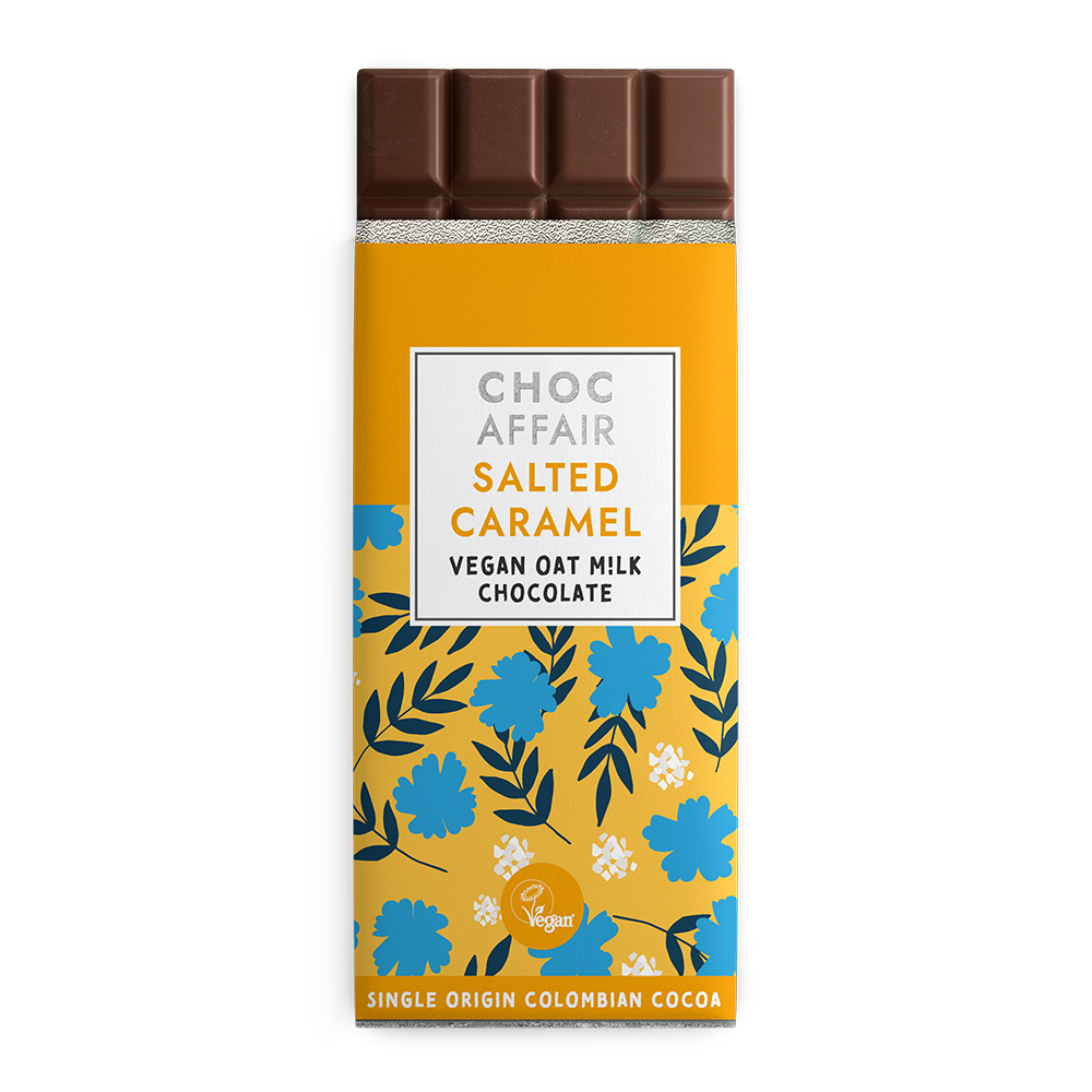 Salted caramel flavoured oat m!lk chocolate bar on white background