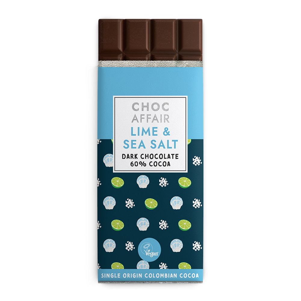Lime & Sea Salt dark chocolate bar next to an unwrapped dark chocolate bar on a white background