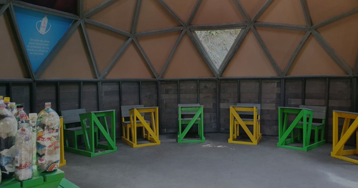 Chairs made from recycled plastic in a circular room